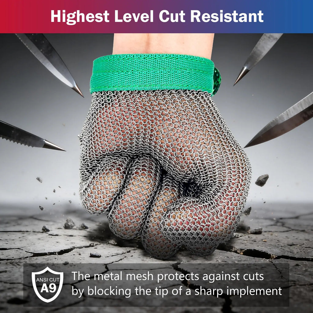 Cut Resistant Chainmail Kitchen Glove Stainless Steel 5 Finger with Fabric Wrist