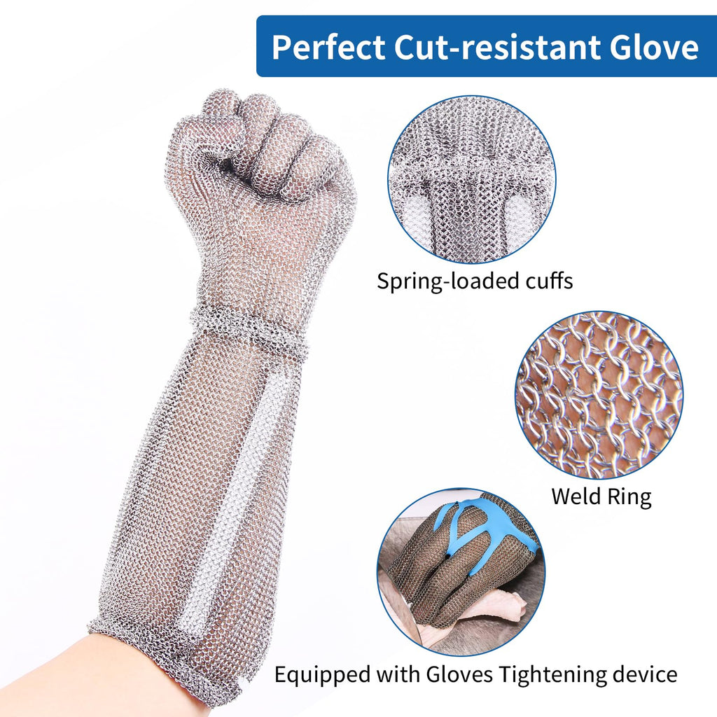 20cm Long Chainmail Cut Resistant Glove with Spring Wrist for Secure Fit