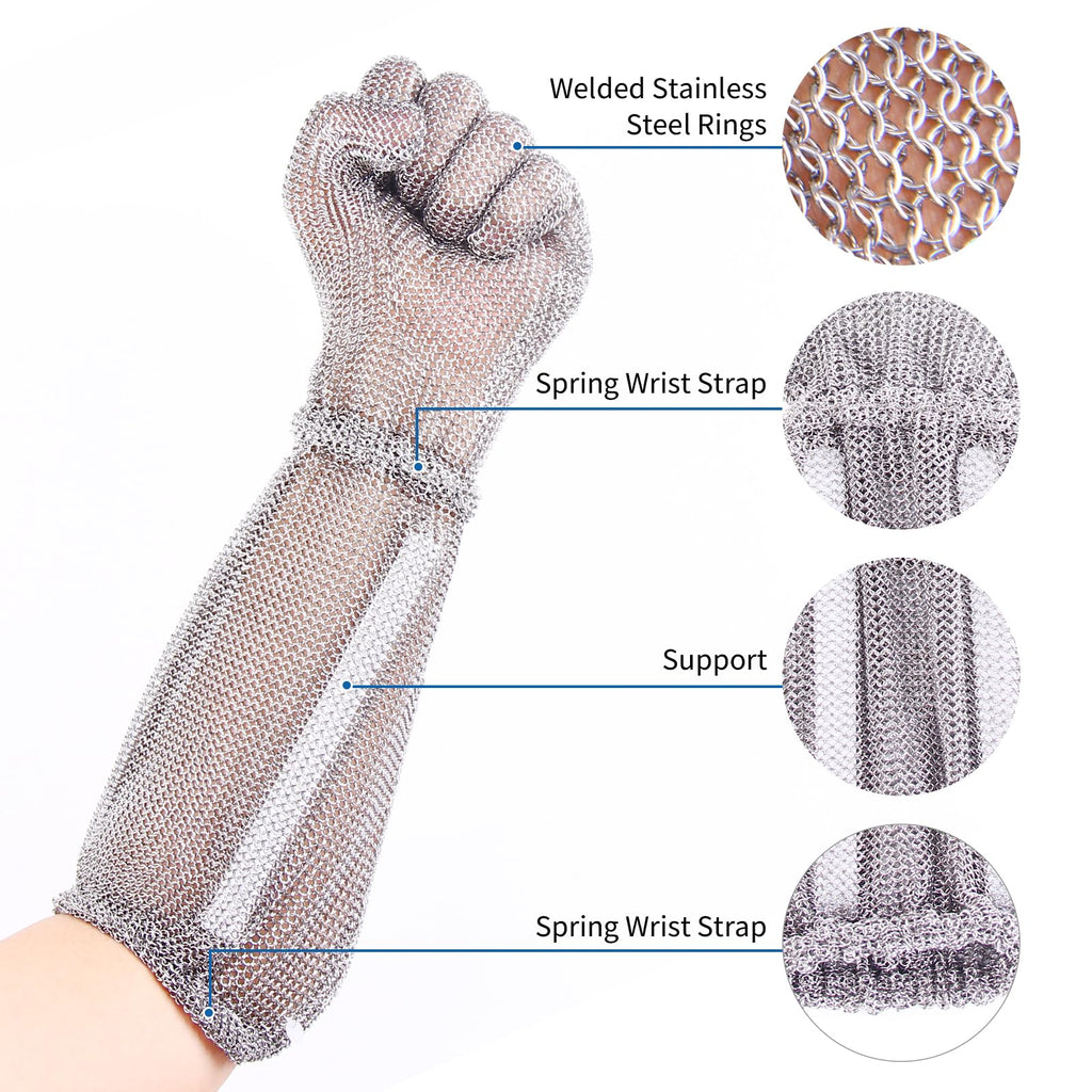 20cm Long Chainmail Cut Resistant Glove with Spring Wrist for Secure Fit