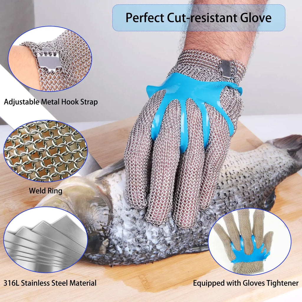 Stainless Steel Chainmail Safety Glove for Kitchen Use 5 Finger Buckle Wrist
