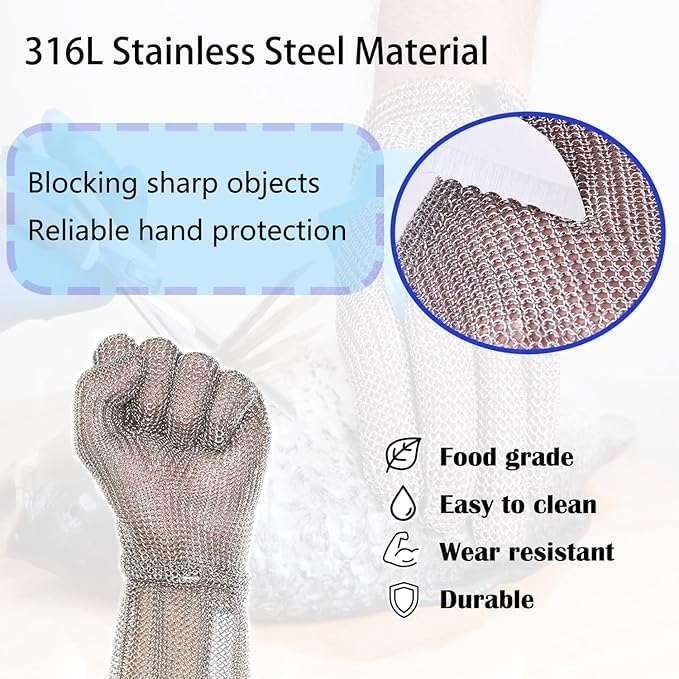 20cm Long Chainmail Cut Resistant Glove with Spring Wrist for Secure Fit