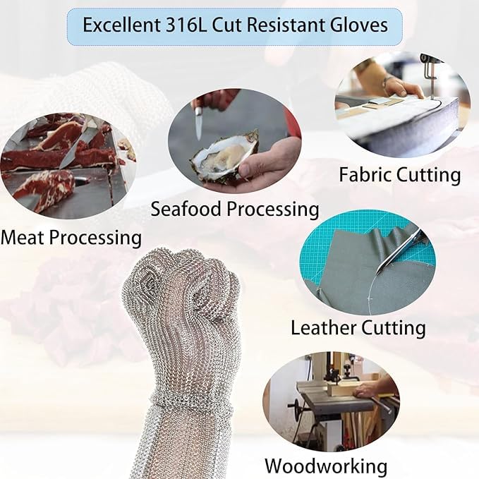 20cm Long Chainmail Cut Resistant Glove with Spring Wrist for Secure Fit